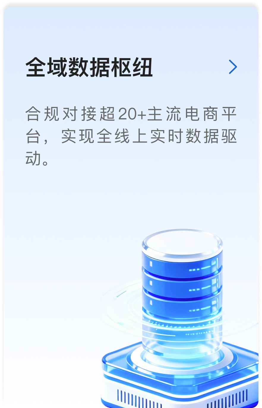 全域数据枢纽，合规对接超20+主流电商平台，实现全线上实时数据驱动