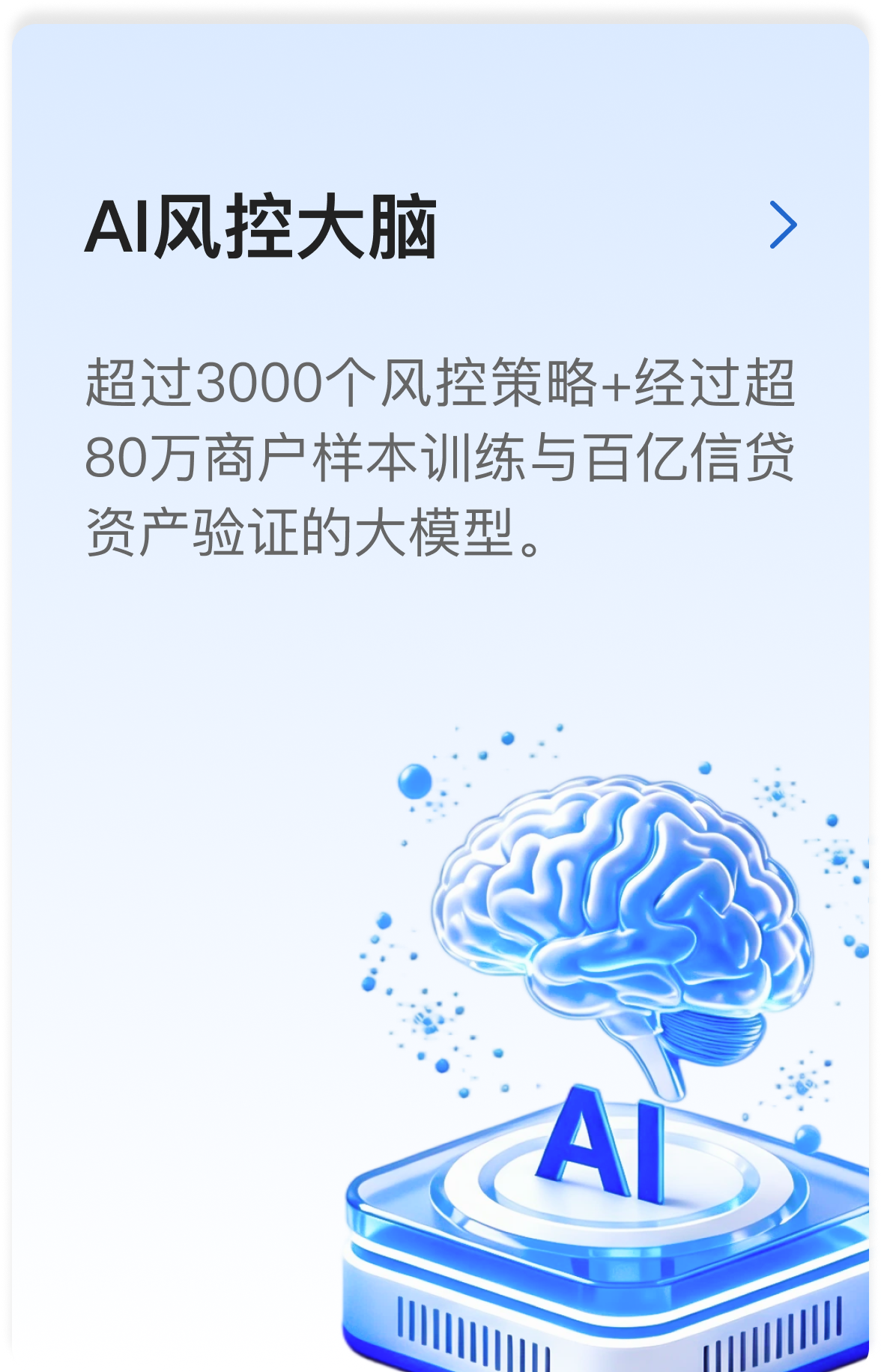 AI风控大脑，基于超3000个风控策略，经80万商户样本与百亿信贷资产验证的大模型。
